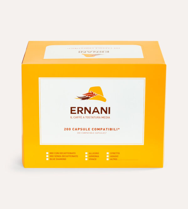 Confezione gialla di Ernani da 200 capsule compatibili Nespresso, inquadrata di fronte.