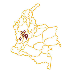 Mappa con indicata in grande la zona caffeicola da dove Ernani prende il suo monorigine colombiano ed in piccolo tutte le altre zone caffeicole della Colombia