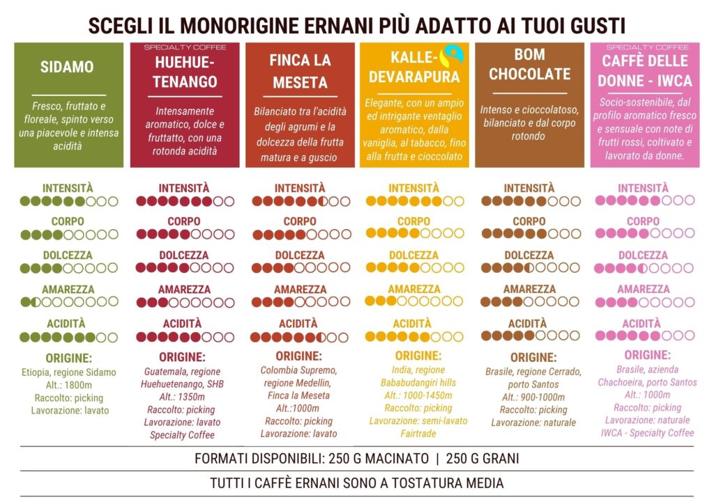 Immagine con 6 colonne con spiegati tutti i monorigine Ernani per paragonarli immediatamente uno accanto all'altro